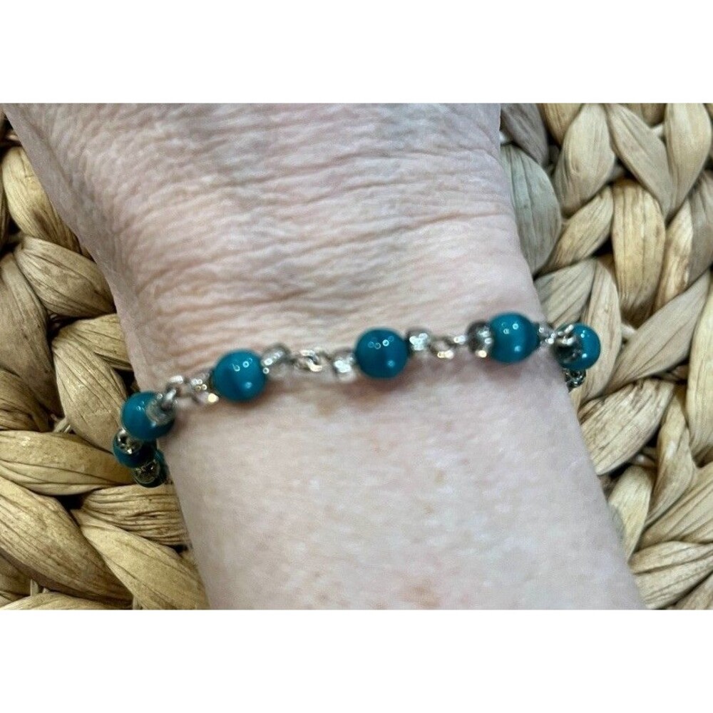 Malachite Bead Silver Tone Bracelet 8in Stackable Boho Hippie Gypsy